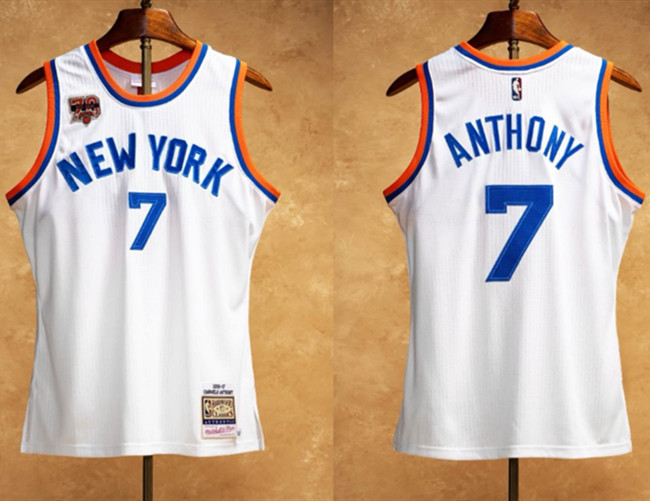 Men's New Yok Knicks #7 Carmelo Anthony White With 70th Anniversary Patch Stitched Basketball Jersey